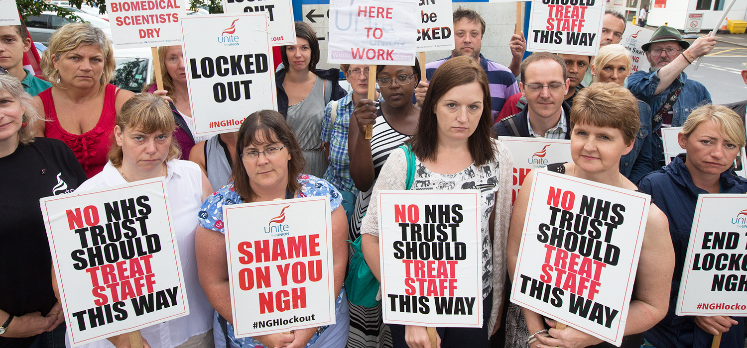 Maude wants to stop Unite action like the above at Northampton General Hospital